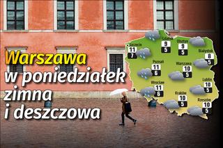 Warszawa w poniedziałek zimna i deszczowa [MAPA]