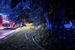 Śmiertelny wypadek pod Radomskiem. 42-latek nie żyje. Jego bus spłonął [ZDJĘCIA].