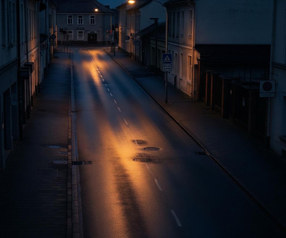 Długa ulica biegnie prosto w głąb kadru, otoczona po obu stronach niskimi budynkami. Nawierzchnia ulicy, prawdopodobnie mokra, intensywnie odbija pomarańczowo-żółte światło z latarni ulicznych, tworząc rozmyte pasy i plamy. Po lewej stronie widoczny jest chodnik wyłożony ciemną kostką brukową, a dalej szereg budynków z oknami. Po prawej stronie również znajduje się chodnik i budynki, z czego jeden ma ceglany murek. W oddali widać więcej budynków oraz światła uliczne.