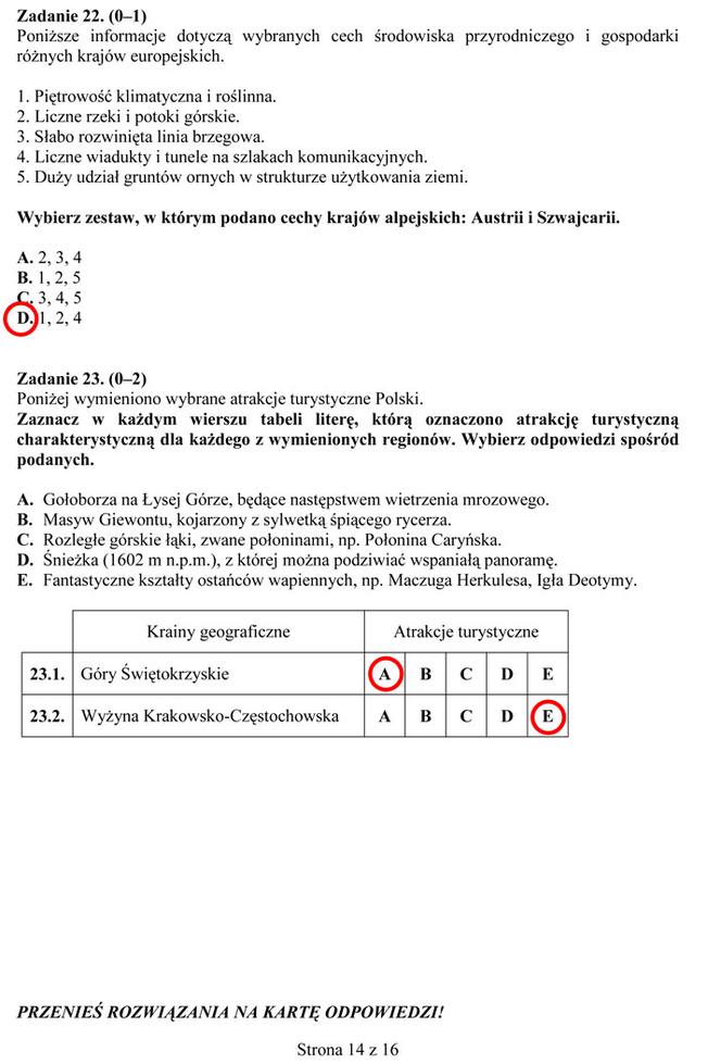 Egzamin gimnazjalny 2014 przyroda biologia geografia arkusze odpowiedzi