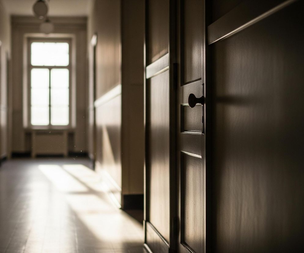 Długi korytarz z drzwiami po prawej stronie prowadzi w kierunku jasnego okna na końcu. Okno podzielone jest na cztery prostokątne szyby i intensywnie rozświetla podłogę korytarza. Po prawej stronie, na pierwszym planie, widać ciemne, brązowe drzwi z okrągłą czarną klamką. Promienie światła padają ukośnie przez korytarz, tworząc jasne plamy na podłodze i ciemne cienie wzdłuż ścian. Sufit jest beżowy, a na jego końcu widoczna jest okrągła lampa sufitowa.