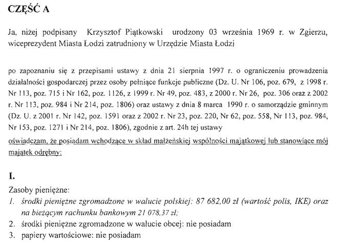 11 Oświadczenie majątkowe wiceprezydenta Krzysztofa Piątkowskiego