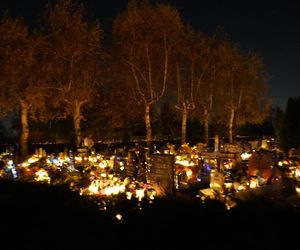 Cmentarz Komunalny w Żorach mieni się nocą. Tysiące kolorowych światełek na Wszystkich Świętych. Zobacz zdjęcia z lotu ptaka