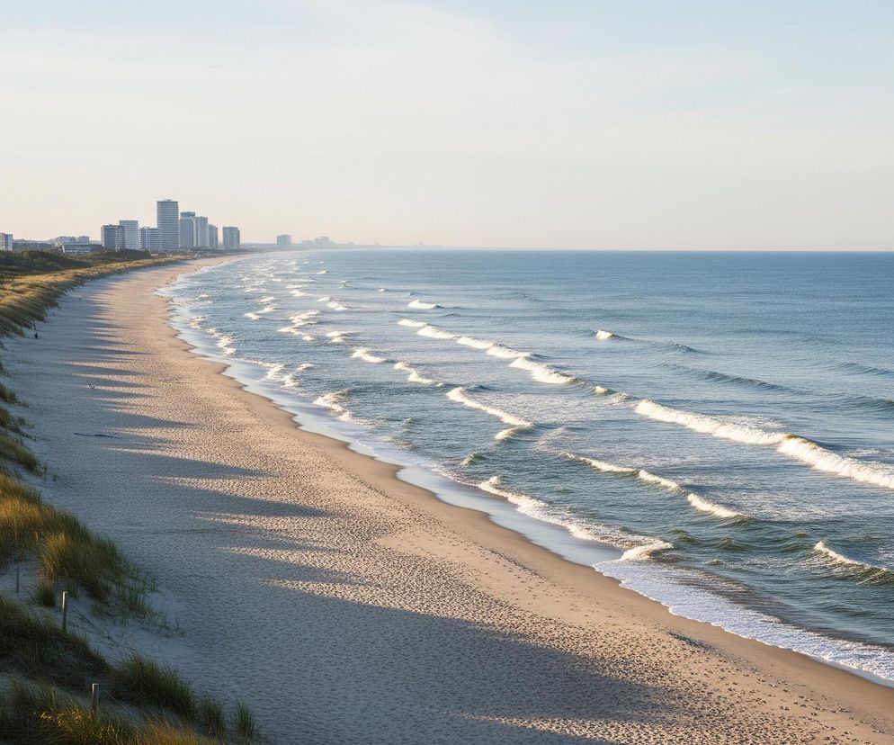 Długa, piaszczysta plaża rozciąga się wzdłuż wybrzeża, oddzielając błękitne morze od porośniętych trawą wydm. Falujące wody oceanu, z białymi grzywami, rytmicznie uderzają o brzeg. W tle, na horyzoncie, widać skupisko wysokich budynków miejskich, tworzących linię zabudowy ciągnącą się wzdłuż plaży. Niebo jest jasne i bezchmurne, z delikatnym, ciepłym blaskiem słońca padającym na piasek i trawiaste wydmy.