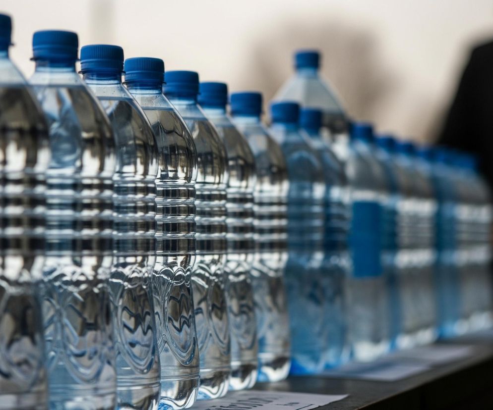 Szereg plastikowych butelek z wodą mineralną, z niebieskimi zakrętkami, stoi na długim stole lub blacie. Butelki są częściowo wypełnione przezroczystym płynem, a ich etykiety są niewyraźne lub nieobecne, z wyjątkiem jednej w tle z prostokątną niebieską etykietą. W tle, po prawej stronie, widać rozmazaną sylwetkę osoby ubranej w ciemne ubranie, stojącej z rękami złożonymi. Tło jest jasne i nieostre, sugerując otwartą przestrzeń w pochmurny dzień.