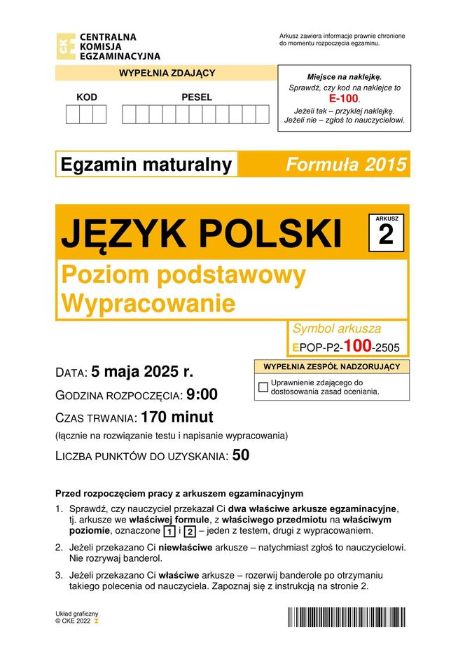 Matura 2025: polski 5.05.2025. Arkusze CKE i odpowiedzi. Poziom podstawowy 1 i 2 część [Formuła 2015]