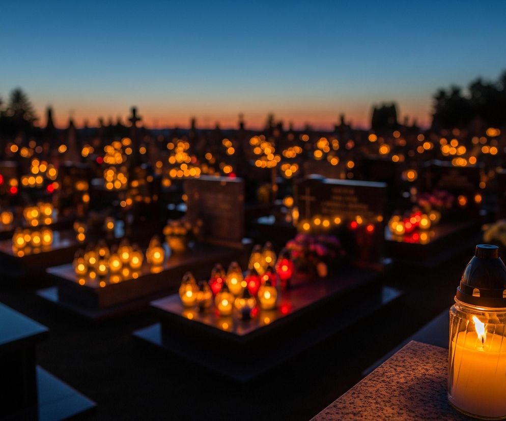Na pierwszym planie, po prawej stronie, stoi znicz o szklanym, żebrowanym korpusie i czarnej, kopulastej pokrywie, z wyraźnie widocznym płomieniem świecy w środku. Znicz ten, oświetlający lekko powierzchnię, na której stoi, znajduje się na nagrobku, który jest wykonany z ciemnego, nakrapianego materiału. Tło wypełnia cmentarz rozświetlony niezliczonymi, rozmazanymi światłami zniczy, tworzącymi pomarańczowo-czerwone plamy światła na tle zmierzchowego nieba.