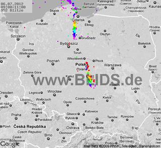 Burze w Polsce 6.07.2012 - MAPKA z godz. 9-11