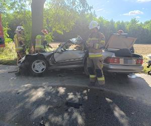 Wypadek pod Pabianicami. Mercedes rozpadł się na pół po uderzeniu w drzewo [ZDJĘCIA].