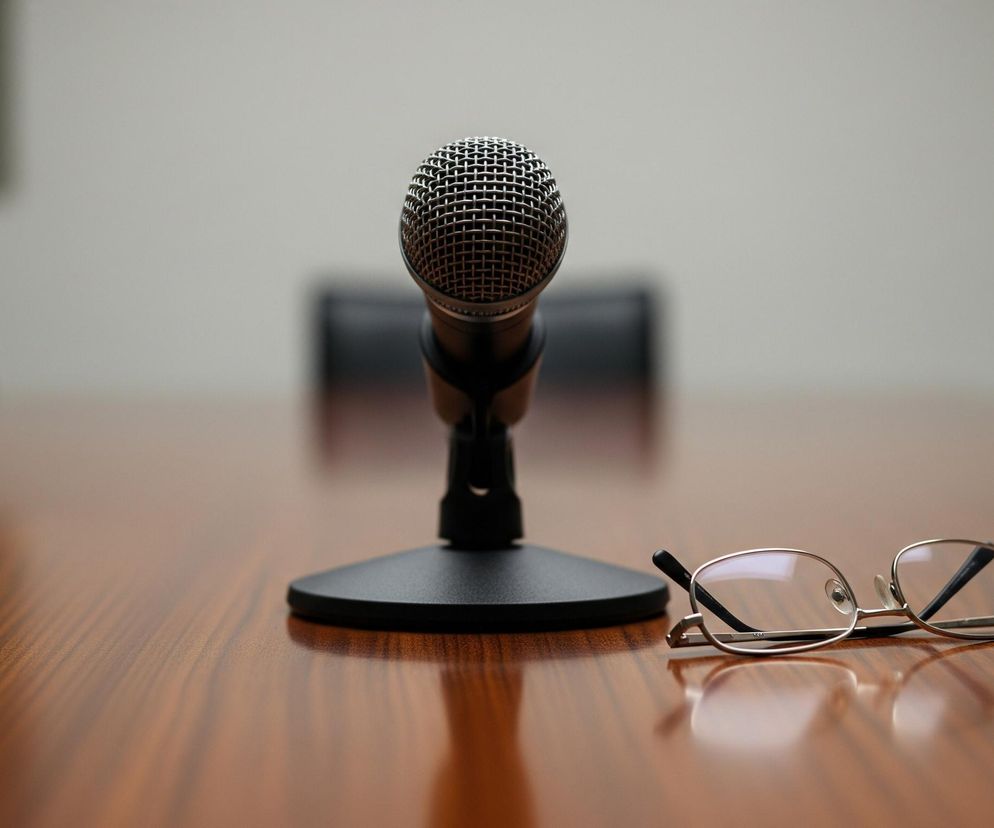 Na pierwszym planie, centralnie, umieszczony jest czarny mikrofon z metalową, siatkową główką, stojący na okrągłej podstawce na brązowym, błyszczącym stole. Obok mikrofonu, po prawej stronie, leżą okulary w cienkiej, metalowej oprawie, odbijające światło. W tle widoczne są rozmyte, ciemne kształty krzeseł oraz jasnoszara ściana.