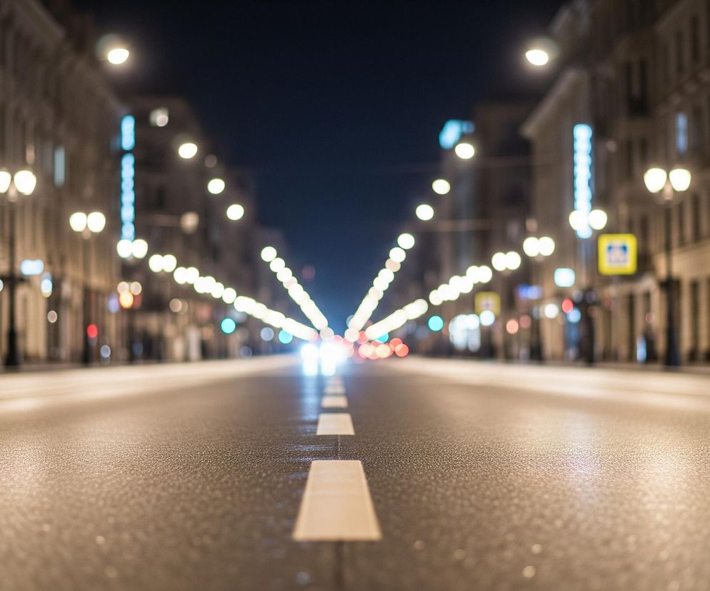 Ulica miasta nocą, sfotografowana z poziomu jezdni, dominuje w kadrze. Szary asfalt w dolnej części obrazu posiada drobnoziarnistą teksturę i rozświetlony jest światłem ulicznych lamp oraz reflektorów samochodów, tworząc na nim odblaski. W środku kadru, na jezdni, widoczne są białe, przerywane pasy, które prowadzą w głąb perspektywy. Po obu stronach ulicy rozciągają się fasady budynków, rozmazane w oddali, z licznymi oświetlonymi oknami i jasnymi neonami reklam. Rzędy żółtych lamp ulicznych, również rozmazanych, rozświetlają ulicę i tworzą efekt bokeh, zwłaszcza w głębi obrazu, gdzie światła samochodów są wyraźnie widoczne jako jasne punkty.