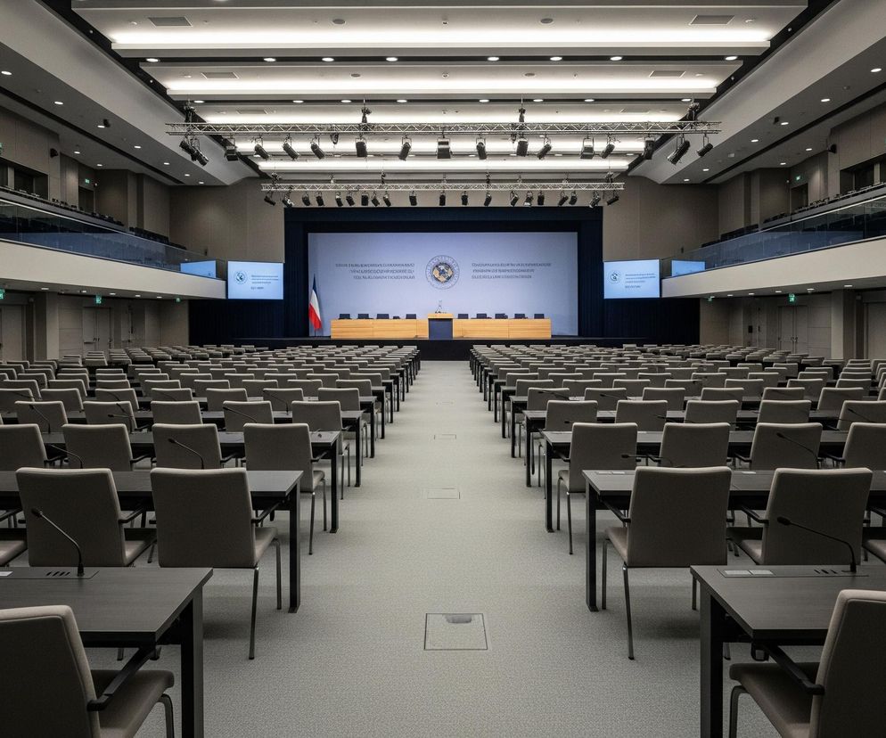 Duża sala konferencyjna jest pusta, ustawiona rzędami czarnych stołów z beżowymi krzesłami, zwróconymi w stronę sceny na końcu pomieszczenia. Na scenie znajduje się długi drewniany stół z mikrofonami i pięcioma pustymi czarnymi krzesłami, a z lewej strony stoi flaga Francji. Za stołem widnieje duży ekran projekcyjny z białym tłem, na którym widnieje ciemny emblemat po prawej stronie i tekst w niezrozumiałym języku po lewej. Nad sceną i wzdłuż bocznych ścian sali biegną balkony z przezroczystymi szklanymi barierkami, a pod sufitem podwieszono metalowe kratownice z reflektorami.