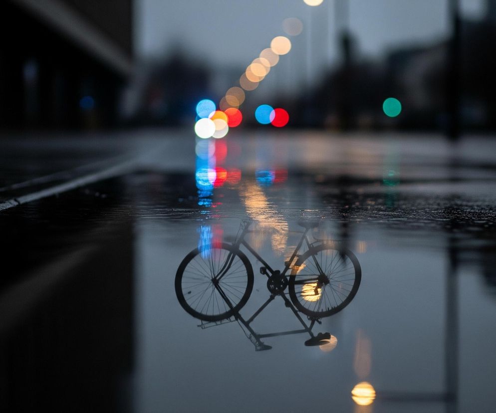 Na pierwszym planie, w centralnej części zdjęcia, znajduje się rozmyte odbicie roweru w kałuży na mokrym asfalcie. Odbicie jest ciemne, tworząc wyraźną sylwetkę jednośladu z dwoma kołami, ramą i pedałami. W tle, powyżej kałuży, widoczne są liczne kolorowe, rozmyte światła w kształcie kółek – czerwone, niebieskie, białe, pomarańczowe i zielone – przypominające światła uliczne i samochodowe. Niebo jest pochmurne, a całość utrzymana jest w chłodnych, ciemnych barwach z kontrastującymi, ciepłymi punktami świetlnymi.