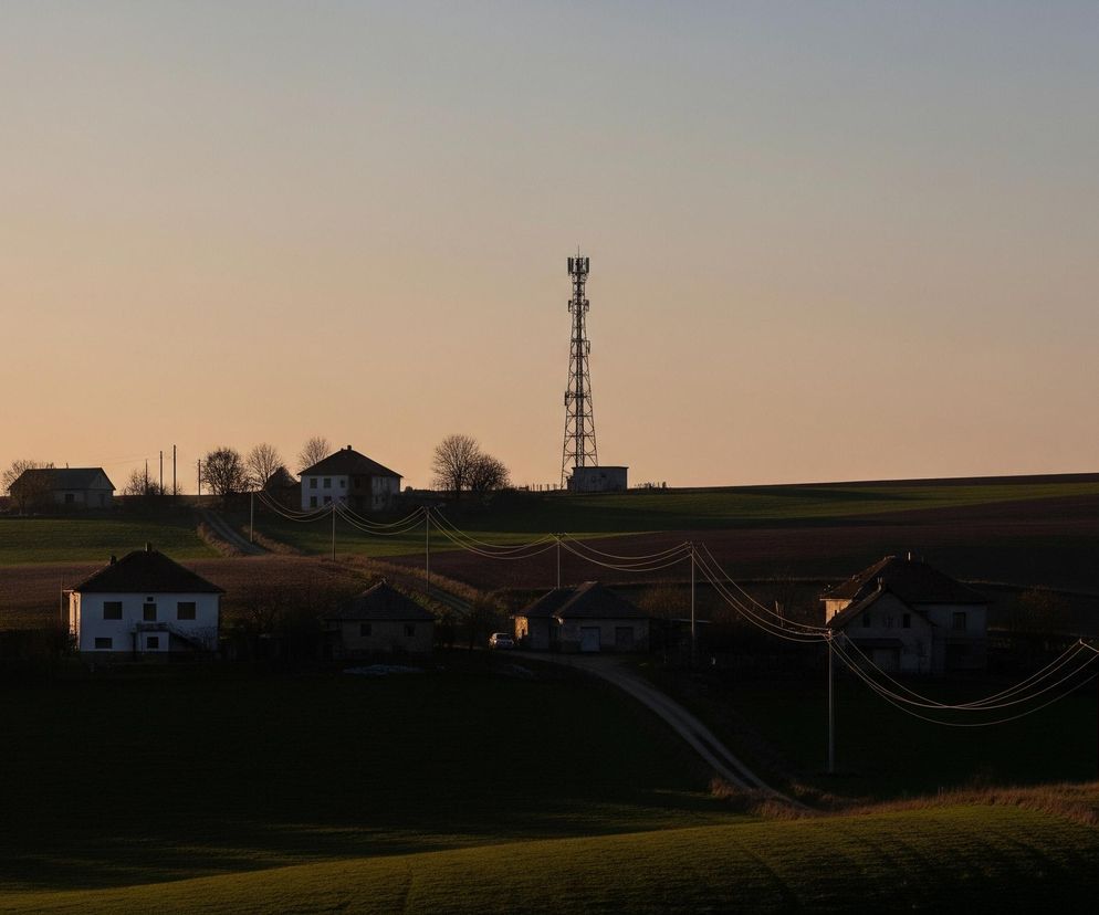 Wysoka, metalowa wieża telekomunikacyjna dominuje centralną część obrazu, wznosząc się ponad horyzontem w świetle zachodzącego słońca. Poniżej niej, na rozległych, pofalowanych polach pokrytych zieloną trawą i ciemniejszą, uprawną ziemią, rozrzucone są wiejskie domy o białych i szarych fasadach z czerwonymi dachami. Kręte, jasne polne drogi wiodą przez wzgórza, łącząc poszczególne zabudowania, a linie wysokiego napięcia na słupach biegną wzdłuż nich, odbijając ciepłe barwy nieba. Niebo, zajmujące górną część kadru, przechodzi od jasnego pomarańczu przy horyzoncie do delikatnego błękitu w górze, tworząc spokojne tło dla całej sceny.