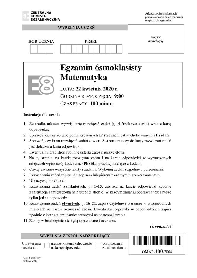 Egzamin ósmoklasisty 2020 - arkusz egzaminacyjny z matematyki