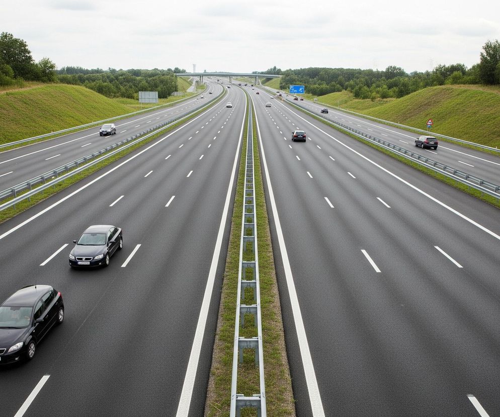 Sześciopasmowa autostrada rozciąga się w głąb obrazu, podzielona na dwie jezdnie z trzema pasami ruchu każda przez szeroki pas zieleni z barierkami. Szary asfalt przecinają białe linie ciągłe i przerywane, a na nim widoczne są liczne samochody w różnych kolorach, głównie ciemnych, poruszające się w obu kierunkach. Po obu stronach autostrady rozpościerają się zielone skarpy porośnięte trawą i krzewami, przechodzące w oddali w gęste skupiska drzew, a nad nimi rozciąga się jasne, zachmurzone niebo. W tle, na horyzoncie, widać zarys mostu lub wiaduktu.