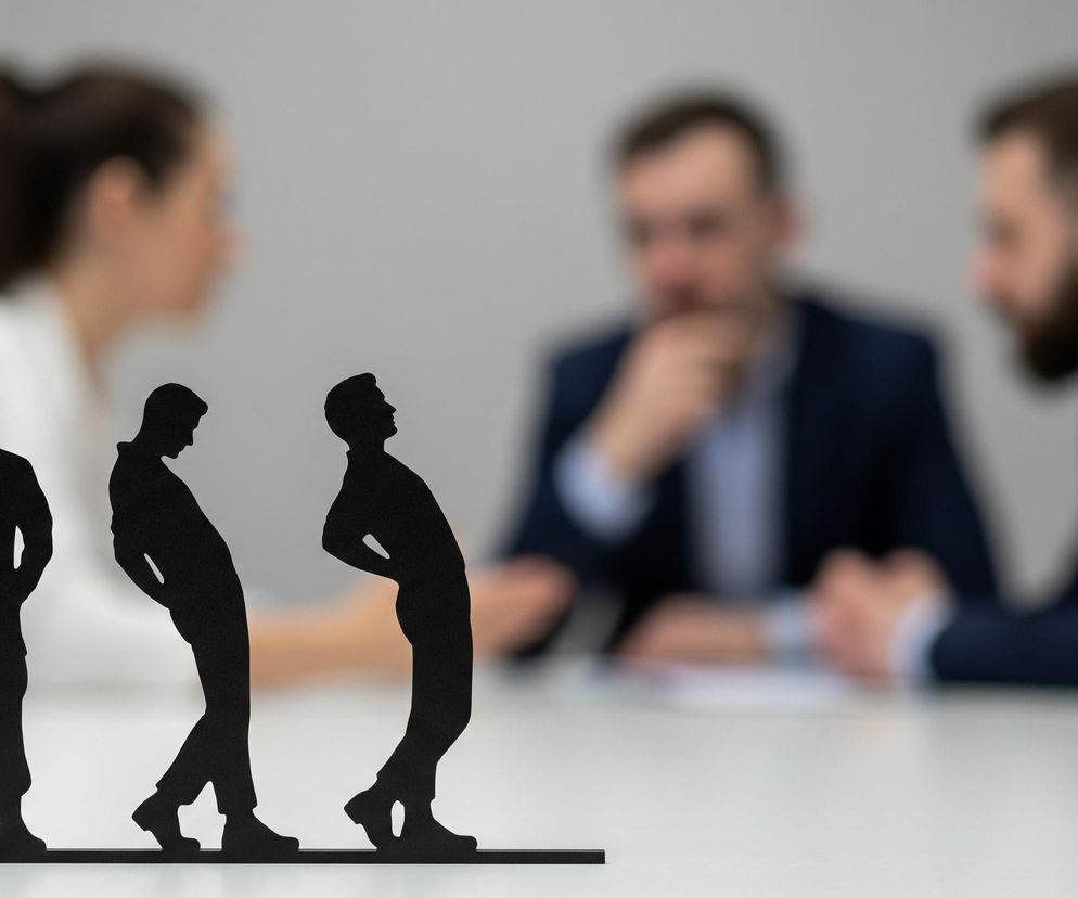 Na pierwszym planie, u dołu obrazu, widoczne są trzy czarne, matowe sylwetki mężczyzn, ustawione obok siebie na poziomej, czarnej listwie. Sylwetka po lewej stoi prosto, z rękami opuszczonymi wzdłuż tułowia, natomiast dwie pozostałe sylwetki są lekko pochylone do tyłu, z rękami w okolicy talii. Tło jest rozmyte, przedstawiając trzech ludzi siedzących przy jasnym stole. Po lewej stronie w tle znajduje się kobieta z długimi, ciemnymi włosami, ubrana w jasną koszulę, a po prawej dwóch mężczyzn w ciemnych marynarkach, którzy patrzą na siebie lub w kierunku centrum obrazu. Całość utrzymana jest w stonowanej kolorystyce bieli, szarości i granatu, z mocnym kontrastem czarnych sylwetek.