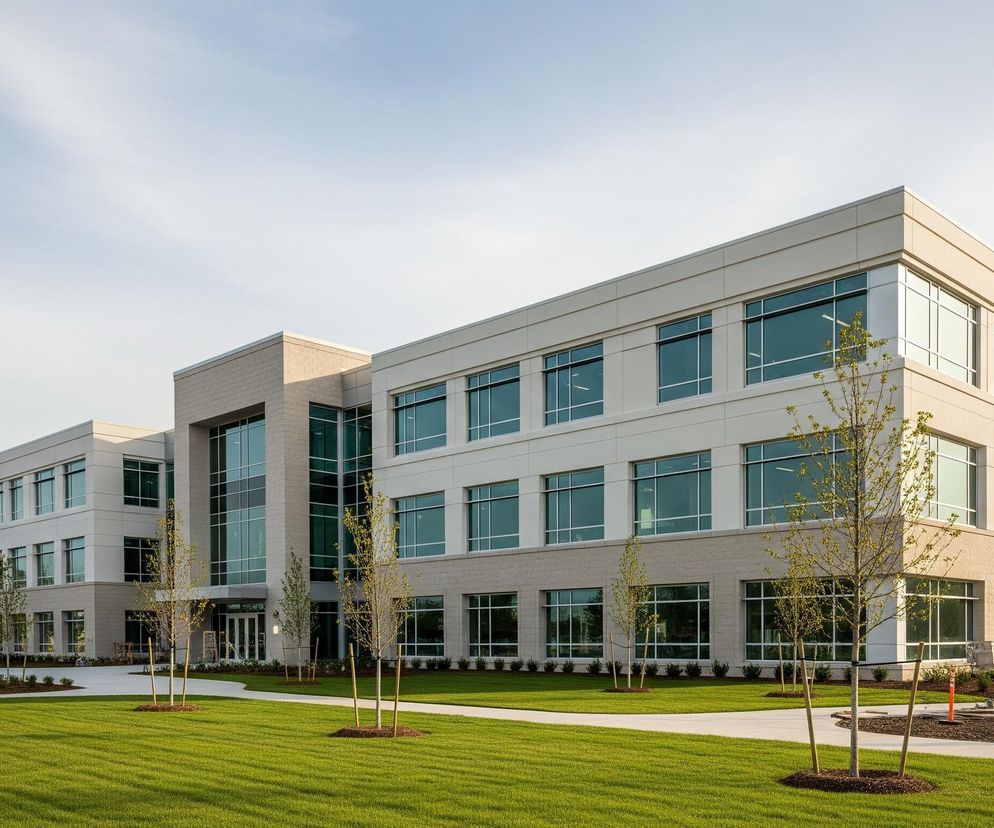 Nowoczesny, trzypiętrowy budynek biurowy o beżowej elewacji i licznych prostokątnych oknach z jasnymi ramami dominuje na zdjęciu. Przed budynkiem rozciąga się równo przystrzyżony, jasnozielony trawnik, poprzecinany ścieżkami z jasnego betonu. Na trawniku i wzdłuż ścieżek rosną młode drzewa o delikatnych, jasnozielonych liściach, niektóre wsparte na drewnianych palikach. Po prawej stronie zdjęcia, na placu budowy obok budynku, widać dwóch pracowników w żółtych kamizelkach odblaskowych i białych kaskach.