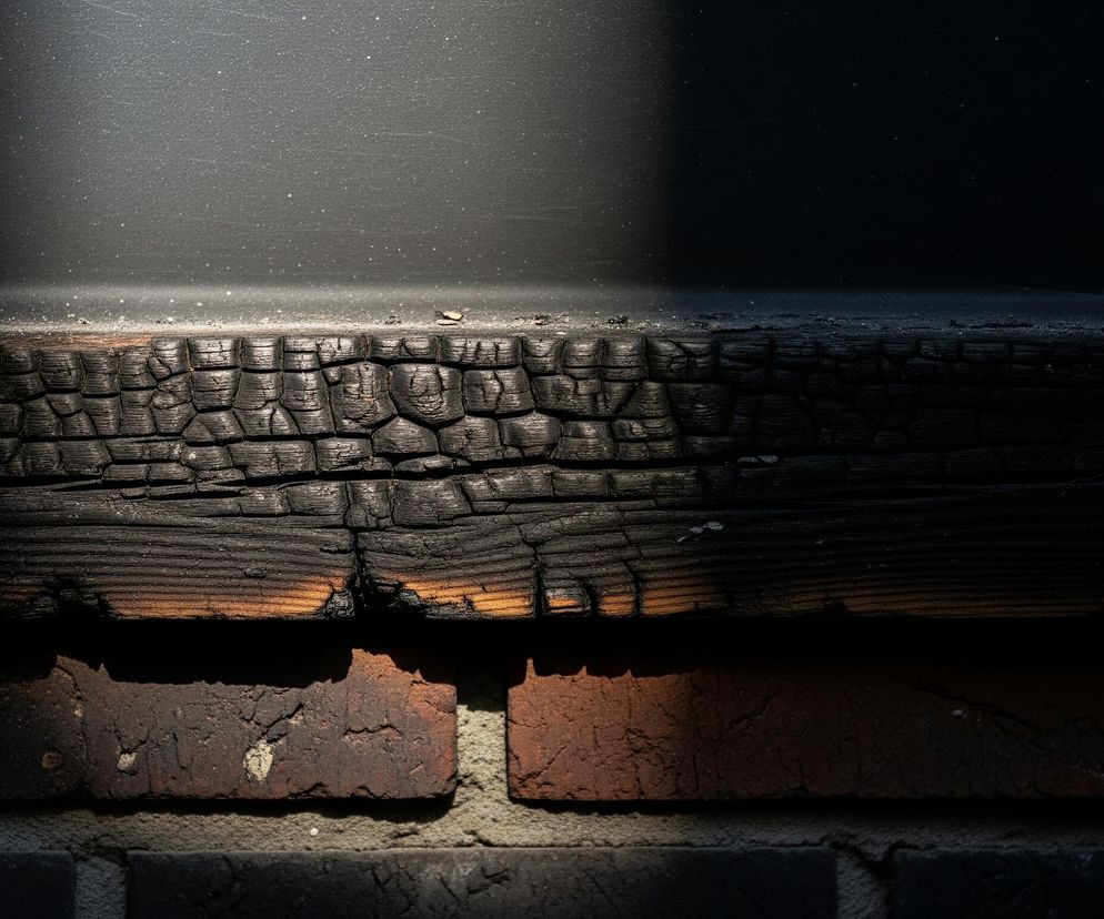 Czarny, zwęglony kawałek drewna z wyraźną, spękaną teksturą zajmuje centralną część obrazu. Na jego powierzchni widoczne są fragmenty o jasno-pomarańczowym odcieniu, sugerujące niedokończone spalenie lub zwęglenie. Górna część obrazu to ciemna, szara powierzchnia, częściowo oświetlona pionowym pasem jasnego światła z licznymi drobnymi plamkami. Poniżej zwęglonego drewna znajduje się mur z cegieł w odcieniach czerwieni i brązu, spoiny pomiędzy cegłami są szare.