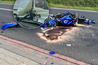Motocykl rozpadł się na kawałki! Jego kierowca huknął prosto w busa i zginął. Wypadek na DK 46 w Blachowni