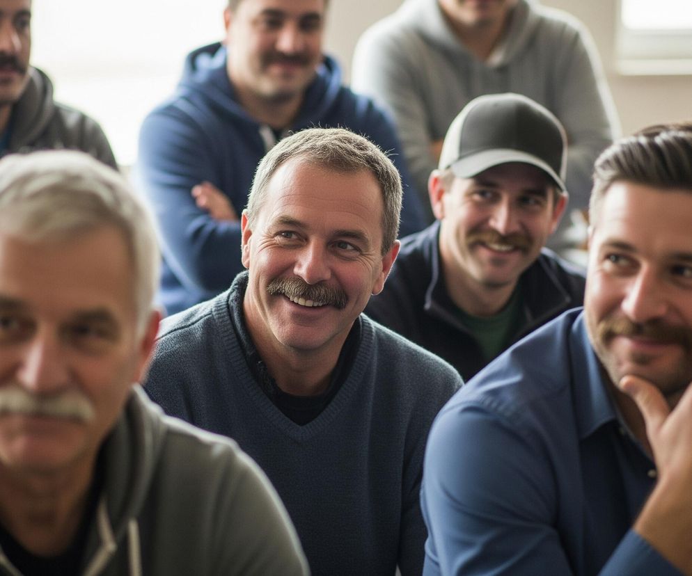 Na obrazie widoczna jest grupa mężczyzn siedzących w pomieszczeniu. W centrum, lekko po prawej, znajduje się mężczyzna w średnim wieku z siwymi włosami i wąsami, ubrany w granatowy sweter, uśmiechnięty i patrzący w lewo. Po jego prawej stronie siedzi młodszy mężczyzna z brązowymi włosami i wąsami, z dłonią opartą o podbródek, ubrany w granatową koszulę. Na pierwszym planie, z lewej strony, widać rozmytego mężczyznę z siwymi włosami i wąsami, w szarej bluzie z kapturem, patrzącego przed siebie. W tle widoczni są inni mężczyźni w różnym wieku, również z wąsami, ubrani w bluzy z kapturem w odcieniach szarości i granatu, niektórzy z nich noszą czapki z daszkiem.