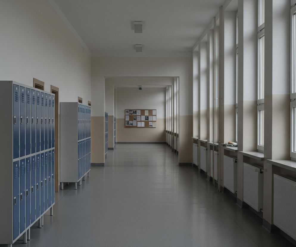 Długi, pusty korytarz szkolny rozciąga się w głąb obrazu, z rzędami niebieskich szafek po lewej stronie i szeregiem wysokich okien po prawej. Ściany są kremowe z beżowym paskiem u dołu, a podłoga jest szara. Na końcu korytarza widać tablicę ogłoszeń z przypiętymi kartkami.