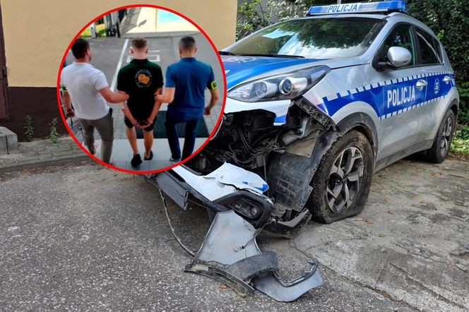 Zniszczone radiowozy po pościgu Wierzbna