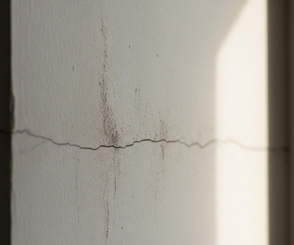 Fragment białej ściany z wyraźnym poziomym pęknięciem w jej centralnej części. Pęknięcie ciągnie się przez całą szerokość widocznego obszaru ściany i jest ciemniejsze niż otoczenie, z drobnymi, ciemnymi plamkami koncentrującymi się wzdłuż niego, szczególnie po lewej stronie. Lewa część ściany jest zacieniona, ciemniejsza, natomiast prawa jest jaśniejsza i oświetlona, z widocznym ukośnym pasem światła słonecznego padającego z góry. W tle po prawej stronie widać fragment ciemnej futryny lub ramy okiennej.