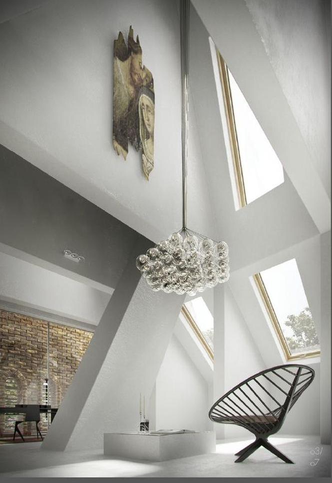 III nagroda w konkursie New vison of the loft. Wnętrze zaadaptowanego do funkcji mieszkalnych kościoła o konstrukcji szachulcowej; widoczne fragmenty wtórnie wykorzystanych polichromii