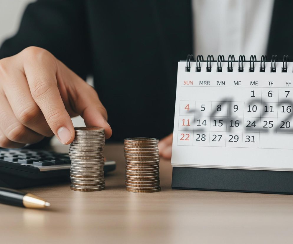 Na obrazie dłoń osoby układa srebrną monetę na stosie innych monet. Przed dłonią stoją dwa stosy monet – jeden srebrny i jeden miedziany – na drewnianym blacie. Po prawej stronie leży biały kalendarz biurkowy z czarnym spiralnym grzbietem, pokazujący dni miesiąca z datami w kolorze czarnym i czerwonym. Za monetami widoczny jest fragment czarnego kalkulatora, a przed nim leży czarny długopis z złotymi elementami. Osoba nosi ciemną marynarkę i białą koszulę.