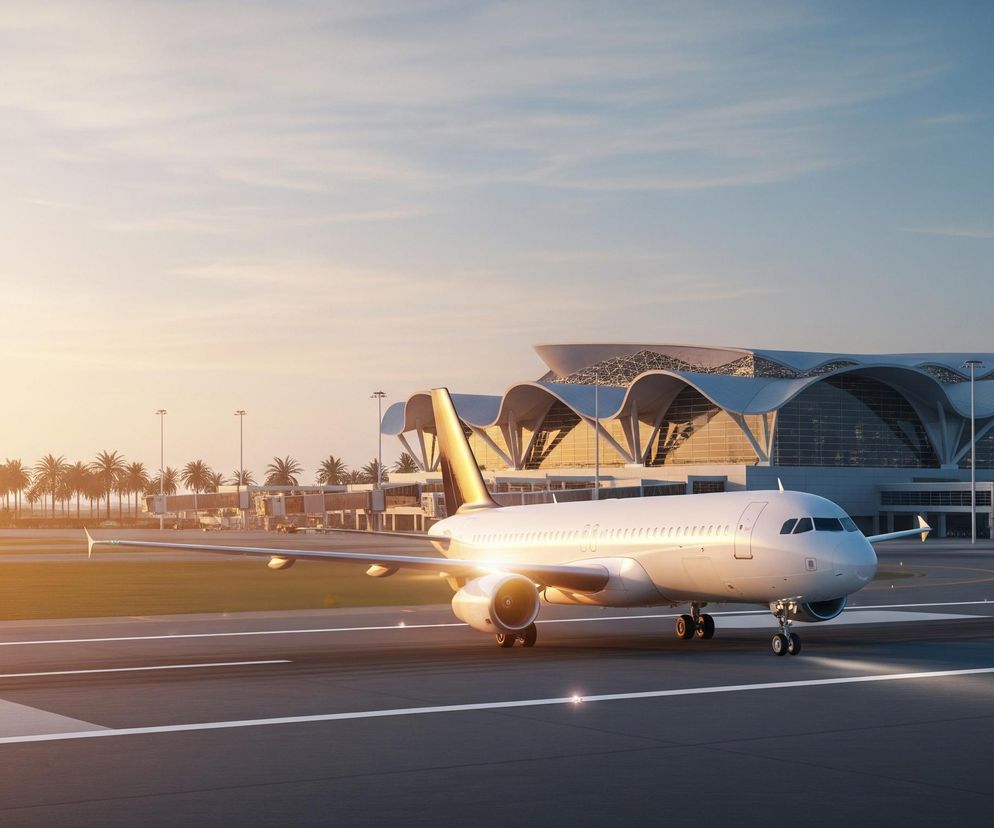 Biały samolot pasażerski stoi na ciemnoszarym pasie startowym, zwrócony w stronę widza i lekko w prawo. Słońce, znajdujące się po lewej stronie kadru, rzuca na kadłub samolotu złociste światło, podkreślając jego błyszczącą powierzchnię i rozświetlając przednie światła podwozia. W tle widoczny jest nowoczesny budynek terminalu lotniczego o falistym, szarym dachu i przeszklonych ścianach. Po lewej stronie pasa startowego rosną rzędy palm, a całe ujęcie zalane jest ciepłym blaskiem zachodzącego słońca, które barwi niebo od pomarańczu po błękit.