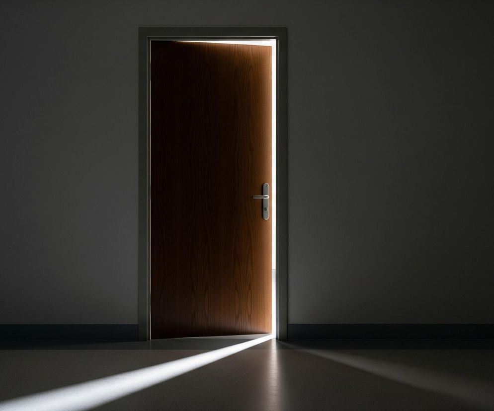 W centrum kadru znajduje się częściowo uchylone drewniane drzwi z metalową klamką, otoczone białą ościeżnicą. Zza drzwi wydobywa się jasne, białe światło, tworząc pionową smugę wzdłuż krawędzi oraz szeroką, rozchodzącą się wiązkę na ciemnej podłodze po lewej stronie. Ściany i większa część podłogi są ciemnoszare, niemal czarne, co kontrastuje z intensywnym blaskiem bijącym zza uchylonych drzwi.