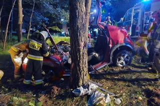 Kobieta uderzyła autem w drzewo. Samochód zgniótł się tak, że ranna została w nim uwięziona