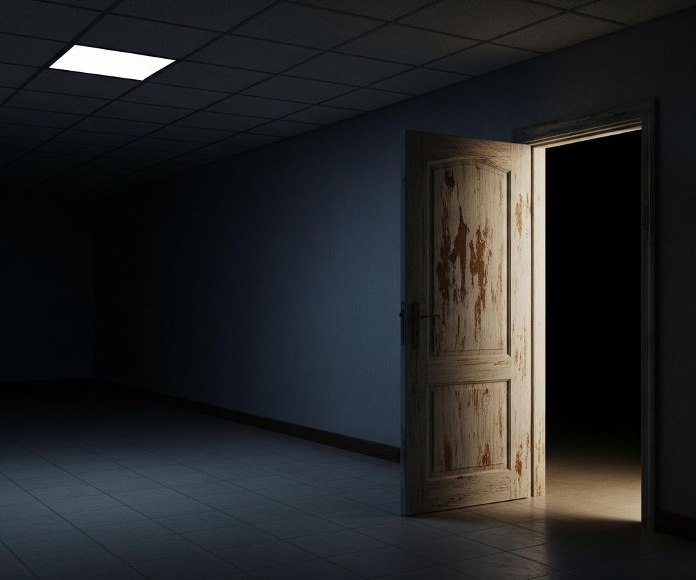 Otworzone, jasne, drewniane drzwi z widocznymi przetarciami i ubytkami farby stanowią centralny punkt kompozycji, odsłaniając ciemne wnętrze, z którego wydobywa się ciepłe, żółte światło, padające na podłogę. Pomieszczenie, w którym znajdują się drzwi, jest słabo oświetlone, z dominującymi ciemnymi odcieniami niebieskiego i szarości. Sufit zbudowany jest z ciemnych, kwadratowych paneli, z których jeden, umiejscowiony w lewym górnym rogu, świeci jasnym, białym światłem. Podłoga pokryta jest kwadratowymi, ciemnymi płytkami, a ściany są gładkie i niebieskoszare, przechodzące w czerń w tle.