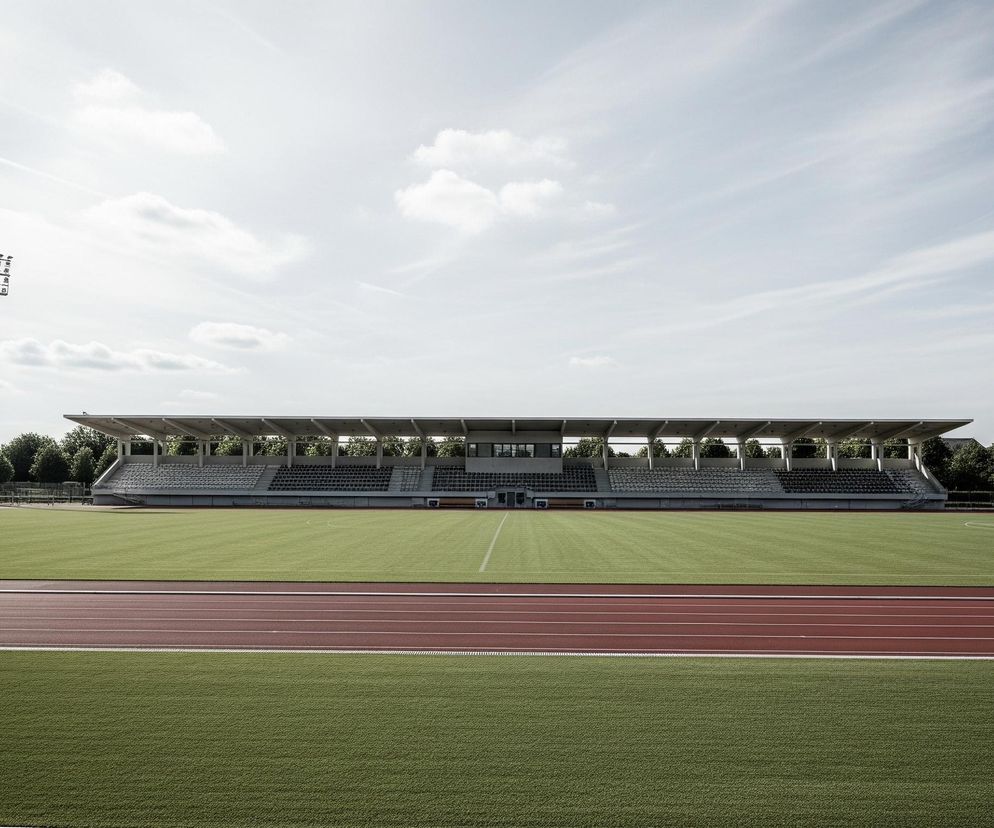 Stadion sportowy z murawą z syntetycznej trawy w odcieniach zieleni, podzieloną na dwie części przez bieżnię. Bieżnia w kolorze rdzawej czerwieni ma białe, poziome linie wyznaczające tory. Pośrodku murawy widoczne są niewyraźne białe oznaczenia. Za bieżnią znajduje się trybuna z rzędami szarych siedzeń i białym zadaszeniem, wspartym na pionowych belkach. W oddali, za trybunami, widoczny jest las drzew, a po bokach boiska stoją wysokie maszty z reflektorami. Po prawej stronie, za bieżnią i murawą, znajduje się piaszczysta strefa z siatkami i słupkami, a niebo jest częściowo zachmurzone, z widocznymi smużkami po samolotach.
