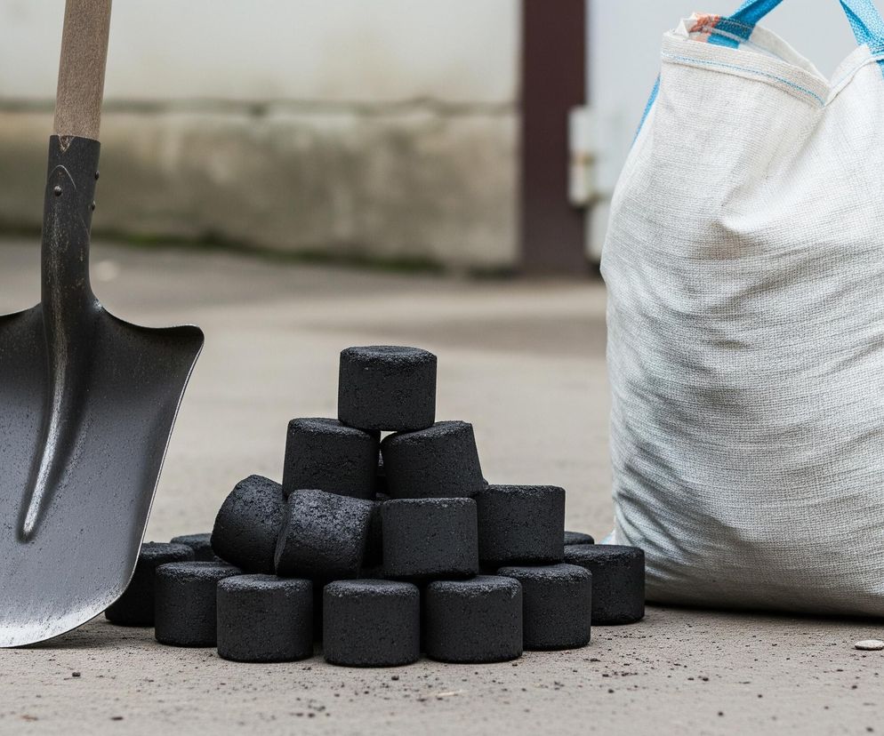 Na szarym, betonowym podłożu leżą akcesoria do palenia. Po lewej stronie pionowo ustawiona jest metalowa łopata z drewnianym trzonkiem. Obok niej, centralnie, ułożona jest piramida z ciemnoszarych, cylindrycznych brykietów. Po prawej stronie widać duży, biały worek z tkaniny, ozdobiony dwoma pionowymi pasami w kolorze niebieskim i pomarańczowym. W tle, rozmyte, widoczne są fragmenty budynku i dalszego podłoża.