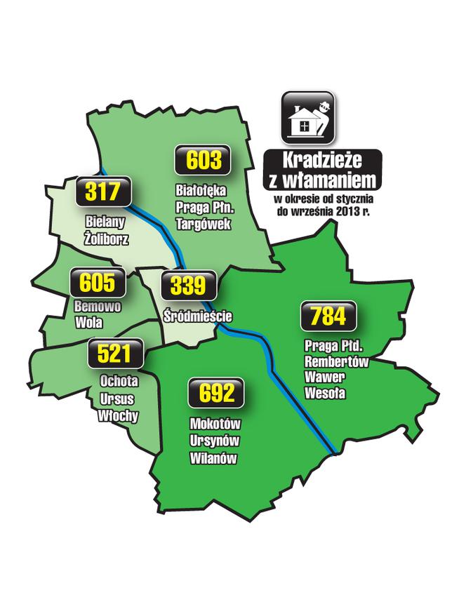 Warszawa - kradzieże z włamaniem (okres od stycznia do września 2013 r.)