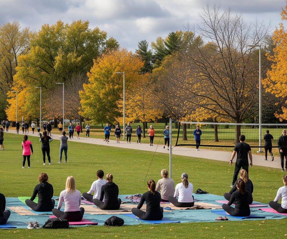 Grupa osób ćwiczy na zielonym trawniku, w tle widoczne są drzewa z jesiennymi liśćmi w odcieniach żółci i pomarańczu, pod błękitnym niebem z widocznymi chmurami. Na pierwszym planie, siedząc na matach rozłożonych na niebieskim kocu, znajduje się siedem osób odwróconych plecami do obserwatora, wykonujących statyczne ćwiczenia. Dalej, na trawie i wzdłuż asfaltowej ścieżki, rozsiane są mniejsze grupy i pojedyncze osoby, niektóre biegną, inne stoją lub wykonują rozciąganie. Po prawej stronie, obok ścieżki, stoi siatka do siatkówki, a za nią i wzdłuż ścieżki widać więcej ludzi spacerujących lub biegnących.