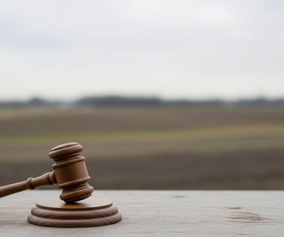 Drewniany młotek sędziowski leży na drewnianej podstawce po lewej stronie kadru, spoczywając na jasnym, drewnianym blacie. Uchwyt młotka skierowany jest w lewo, a jego główka i część trzonka opierają się na podstawce. Tło stanowi rozmyty krajobraz z ciemnymi elementami, prawdopodobnie drzewami lub krzewami, na linii horyzontu i jasnym, pochmurnym niebem.