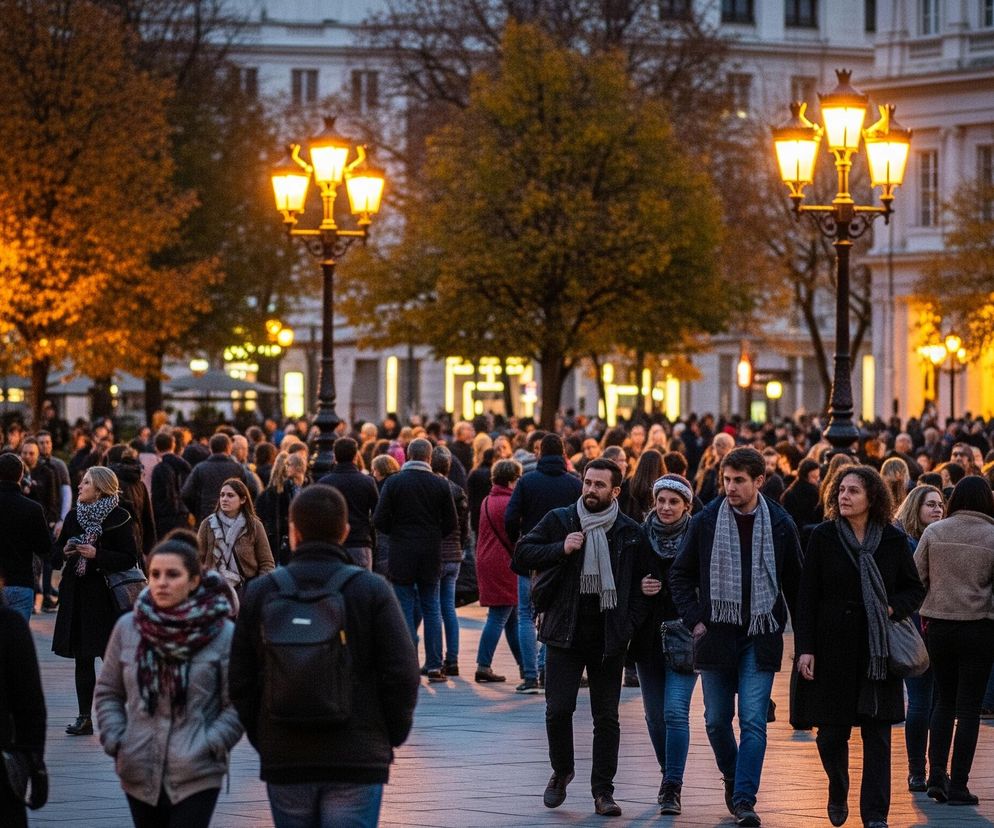 Duża grupa ludzi spaceruje po brukowanym placu o zmierzchu, oświetlonym latarniami ulicznymi. W centrum kadru idzie para, a obok nich inna kobieta, wszyscy w ciepłych ubraniach i szalikach. Tło wypełniają liczne sylwetki innych przechodniów oraz drzewa o jesiennych liściach w ciepłych, pomarańczowych barwach, a w oddali widać budynki o jasnych elewacjach. Ciepłe, żółte światło z latarni ulicznych pada na plac i liście drzew.
