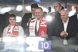 Karol Nawrocki na meczu Polska - Finlandia