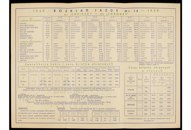 Linia Południowo-Amerykańska : rozkład jazdy nr 14 - 1939 r. do Brazylii, Urugwaju, Argentyny - m/s "Sobieski, m/s "Chrobry" 