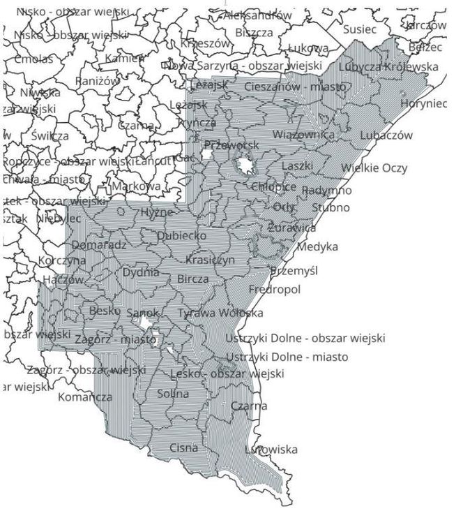 Mapa - szczepienie lisów na Podkarpaciu.