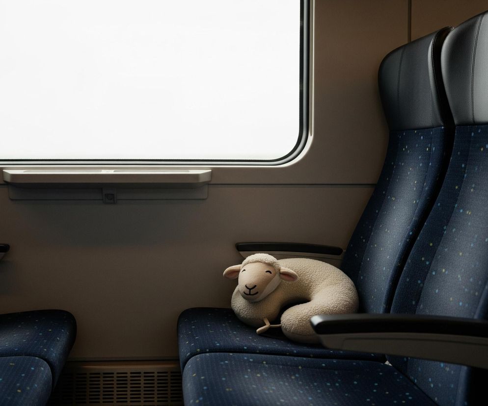 Wnętrze pociągu przedstawia rząd siedzeń i okno po lewej stronie. Na jednym z ciemnoniebieskich foteli z kolorowymi kropkami, obok okna, leży beżowa poduszka podróżna w kształcie owcy z uśmiechniętą twarzą. Okno jest jasne, oświetlając wnętrze, a pod nim widoczny jest mały, składany stolik. Pozostałe siedzenia w pociągu są puste, a ich obicia mają podobny ciemnoniebieski kolor z drobnymi, żółtymi i niebieskimi akcentami, oraz czarne skórzane zagłówki i szare podłokietniki.