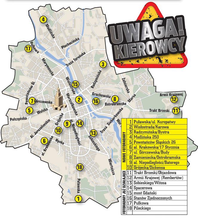 Mapa fotoradarów w Warszawie