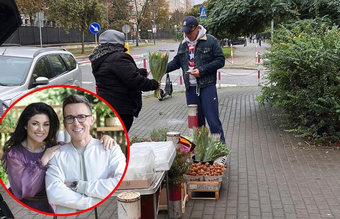 Maciej Kurzajewski kupuje Katarzynie Cichopek kwiaty na bazarku