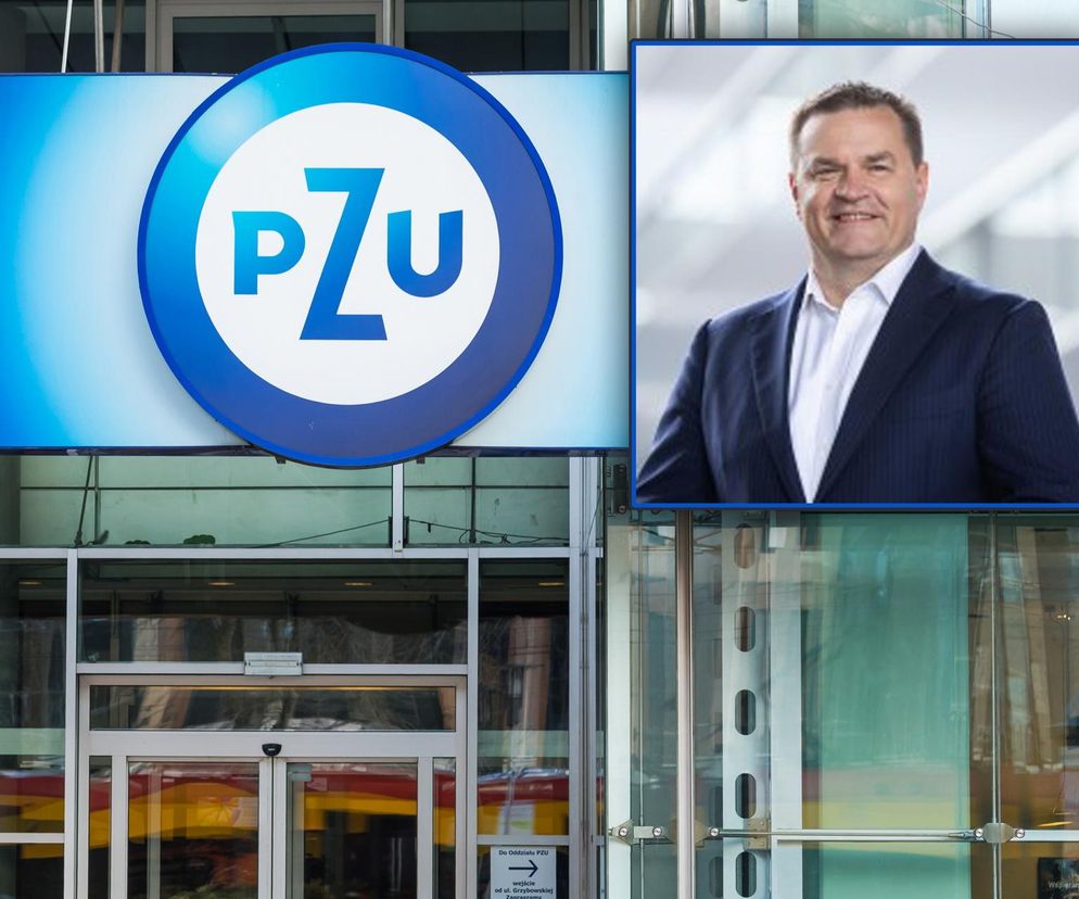 Logo PZU na budynku firmy. W prawym górnym rogu nałożone zdjęcie Bogdana Benczaka, nowego prezesa PZU, uśmiechniętego, w granatowej marynarce i białej koszuli. O jego powołaniu przeczytasz więcej na portalu Super Biznes.