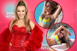 Rozpalona słońcem Doda wyleguje się nad basenem. Kolorowe bikini ledwo pomieściło jej bujny biust