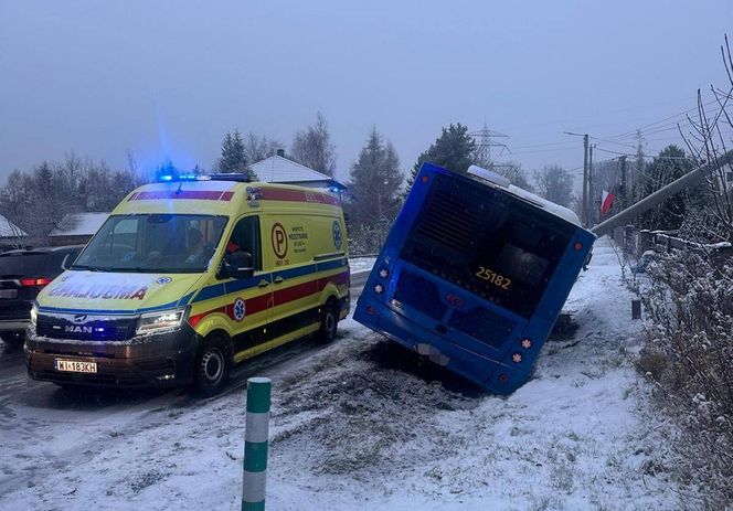 Pasażerowie przeżyli prawdziwe chwile grozy. Autobus zjechał do rowu i uderzył w słup!