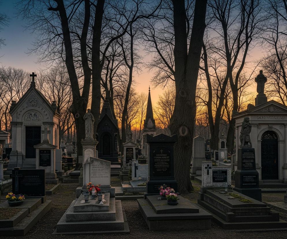 Rozległy cmentarz wypełniony licznymi nagrobkami i mauzoleami jest oświetlony blaskiem zachodzącego słońca. Drzewa o nagich, ciemnych gałęziach dominują nad sceną, tworząc sylwetki na tle nieba, które przechodzi od głębokiego błękitu u góry do intensywnego pomarańczu i żółci przy horyzoncie. Wśród kamiennych grobowców widać znicze i wiązanki kwiatów, dodające scenie melancholijnego nastroju. Architektura nagrobków jest zróżnicowana, obejmując zarówno proste płyty, jak i bogato zdobione kapliczki z figurami i krzyżami.